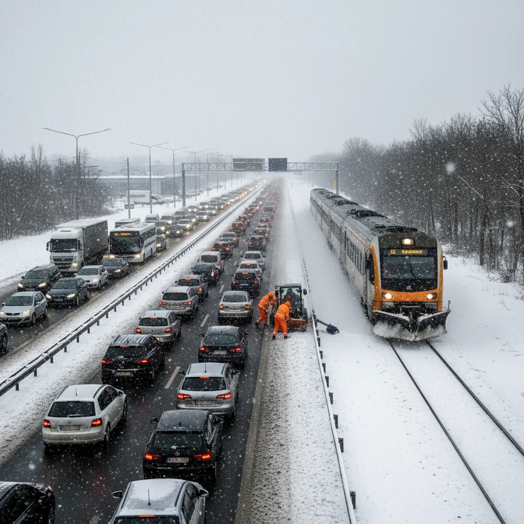 Trafic dat peste cap de ninsoare în județul Ilfov și zona București, pe șosele și pe calea ferată
